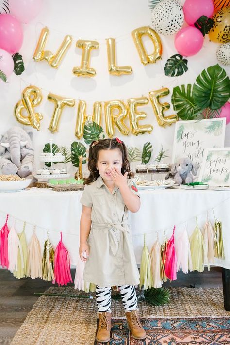 How fun is this jungle theme Wild + Three birthday party for a three year old! What a fun way to celebrate a third birthday!  #projectnursery #kidsparty #jungle 3rd Birthday Party For Girls, School Pizza, Third Birthday Girl, Girls 3rd Birthday, Wild Birthday Party, Girls Birthday Party Themes, Zoo Birthday, 3rd Birthday Party, Fiesta Tropical