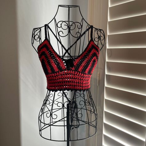 Custom red & black striped top 🥀🖤 Xs-5xl+ any band length! #crochettop #artist #alternative #shop #crochetisforeveryone #festivaltop Black And Red Crochet Top, Red Crochet Top, Black Crochet Top, Striped Halter Top, Crochet Stitches For Beginners, Festival Tops, Striped Crop Top, Black Crochet, Instagram Quotes