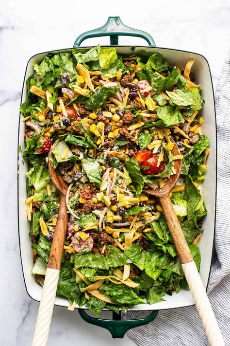 Make-Ahead Taco Salad - Fit Foodie Finds Vegetable Taco, Easy Taco Salad Recipe, Vegetable Tacos, Creamy Cilantro Dressing, Veg Salad, Fit Foodie Finds, Make Ahead Salads, Cilantro Dressing, Taco Salad Recipes