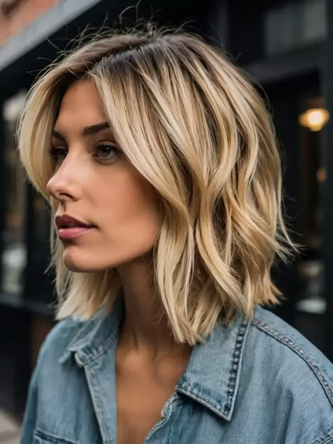 Blond Hair Bob Long, Short Haircut Lengths, Short Hair In Back Long On Sides, Bob For Thick Hair Wavy, Blond Inverted Bob, Long Bobs For Fine Hair Shoulder Length, Shoulder Length Long Bangs, Wavy Angled Bob Medium, Longer Angled Bob Hairstyles