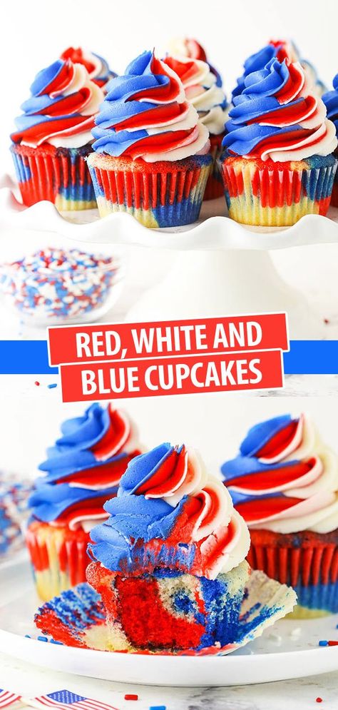 Fourth Of July Cupcakes, Festive Cupcakes, Red White And Blue Cupcakes, White And Blue Cupcakes, 4th Of July Cupcakes, Patriotic Cupcakes, Swirl Cupcakes, Blue Frosting, Patriotic Desserts