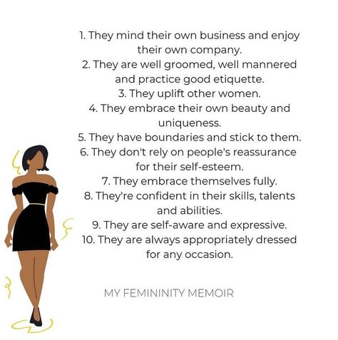 Feminine Tips How To Be, Self Love Aesthetics Picture, Traits Of High Value Women, How To Be Charismatic Woman, How To Become A Maneater, Qualities Of A High Value Woman, How To Act More Feminine, How To Be Ladylike, How To Be Feminine Black Women