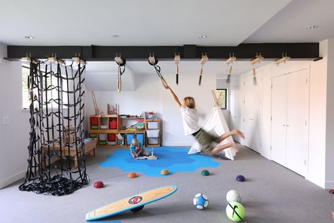 Mackenzie Heights — project22design Active Playroom, Indoor Monkey Bars, Small Playroom, Indoor Playroom, Colorful Storage, Wood Staircase, Toy Storage Organization, Wide Plank Flooring, Monkey Bars