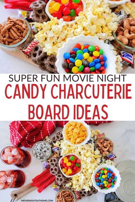 This Candy Charcuterie Board is perfect for a movie night or Oscar party! It's super cute, easy to put together and customizable, too! Movie Night Charcuterie, Movie Night Charcuterie Board, Movie Night Candy, Candy Charcuterie Board, Candy Charcuterie, Chips Ahoy Cookies, Cheddar Crackers, Birthday Sleepover, Leftover Candy