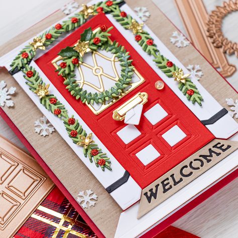 Spellbinders | Christmas Door Greeting Card with October 2020 Large Die of the Month. Video | | Yana Smakula Spellbinders Open House Cards, Spellbinders Christmas Cards, Welcome Card, Diy Advent Calendar, Window Cards, Spellbinders Cards, Paper Crafts Diy Tutorials, Christmas Door, Christmas Cards To Make