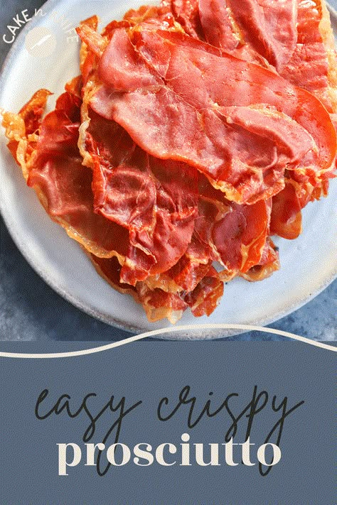 Crispy Prosciutto is a crunchy, savory snack that’s super simple to make in the oven! In less than 15 minutes, you can add this fried prosciutto to a charcuterie board or crumble it up to use as garnish on soups, salads, pasta, pizza, and more. Crispy Prosciutto Recipes, Recipes Using Prosciutto, Cooked Prosciutto, Prosciutto Charcuterie Board, Charcuterie Prosciutto, Prosciutto Crisps, Prosciutto Chips, Fried Prosciutto, Baked Prosciutto