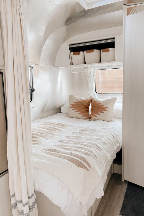 Tour our Airstream Bambi, "Goldie" — Blanco Bungalow Airstream Decor, Daybed Couch, Airstream Restoration, Airstream Living, Airstream Bambi, Curtain Divider, Custom Backsplash, Airstream Remodel, Airstream Interior