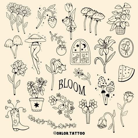 new mushroom and flower handpoke flashsheet! 🍄 🌷 really excited for these! available now to tattoo :) happy to include some of these in my 3 for £150 deal so just ask me about which ones you’re interested in! available in black or colour! swipe for colour options but can do any colours you like. we can also do these designs with shading too and I can edit any design slightly for you as well. and I can do any word in the “bloom” style message or use my booking form to book yours 🥳 evenings... Interesting Design Ideas, Garden Flash Tattoo, Lil Mushroom Tattoo, Small Scattered Tattoos, Simple Shaded Tattoos, 3 Flower Tattoo, Mushroom Tattoos Simple, Cute Mushroom Tattoo, Indie Tattoo Ideas