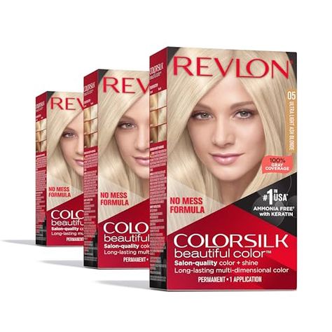 Revlon Permanent Hair Color, Permanent Blonde Hair Dye, Colorsilk with 100% Gray Coverage, Ammonia-Free, Keratin and Amino Acids, Blonde Shades (Pack of 3) Beautiful Hair Dye, Ammonia Free Hair Color, Blonde Hair Dye, How To Dye Hair At Home, Blonde Shades, Revlon Color, Hair Color Formulas, Dyed Blonde Hair, Hair Powder