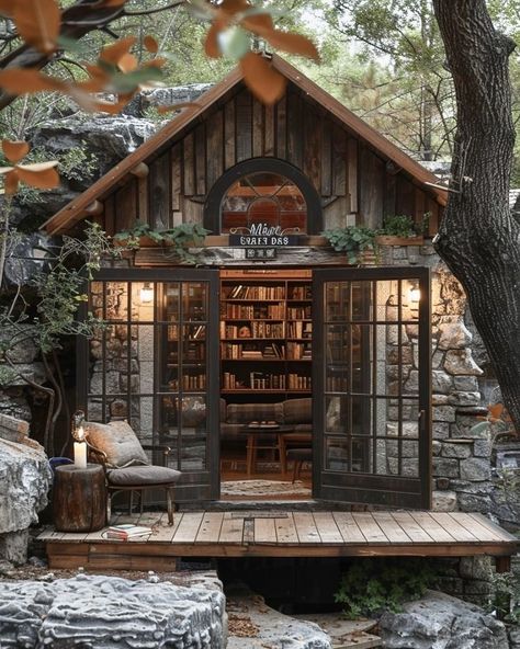 Reading Shed Ideas, Witchy She Shed, She Shed Library, Shed Library, Reading Shed, Library Cottage, Book Shed, Spooky Bar, Cottage Library