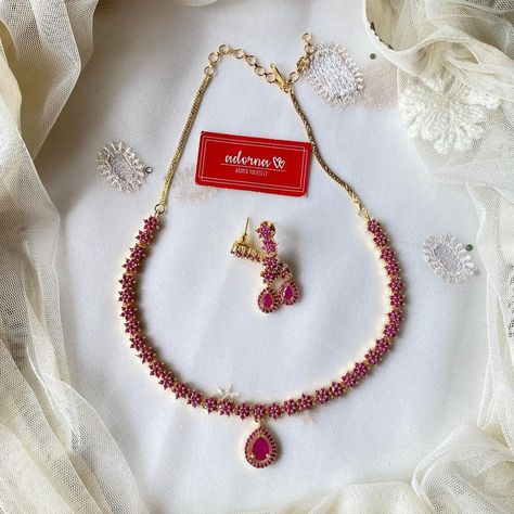 Simple Ruby Necklace Designs, Ruby Chains, Ruby Necklace Designs, Kids Gold Jewelry, Ruby Flower, Beaded Designs, Ruby Set, Gold Jewels Design, Pendant Sets