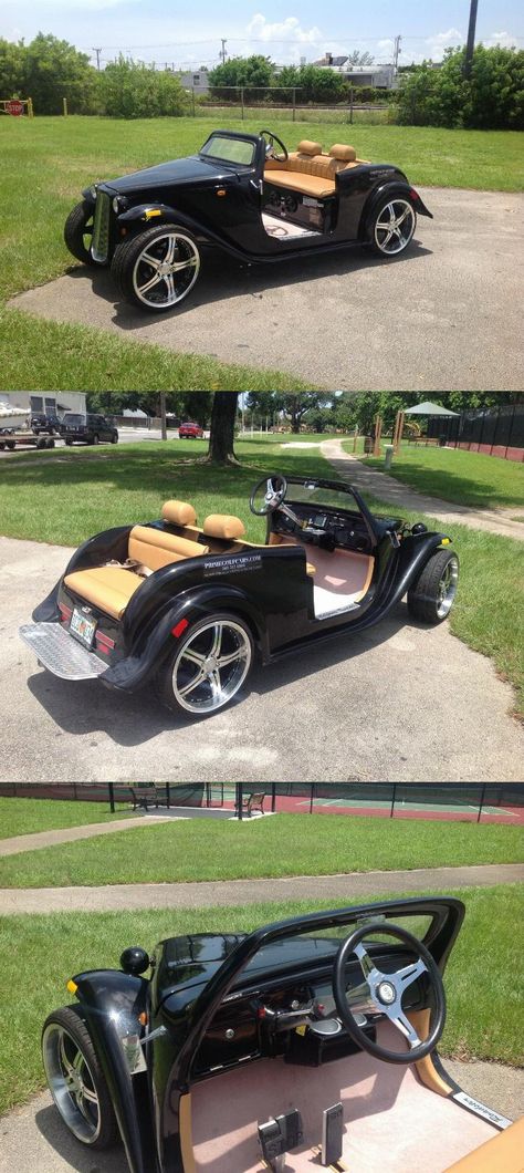 custom bodied 2016 ACG Black California Roadster Golf Cart Fancy Golf Carts, Cool Golf Carts, Custom Golf Carts Ideas, Golf Cart Body Kits, Golf Cart Bodies, Custom Golf Cart, Golf Buggy, Custom Golf Carts, Cart Design