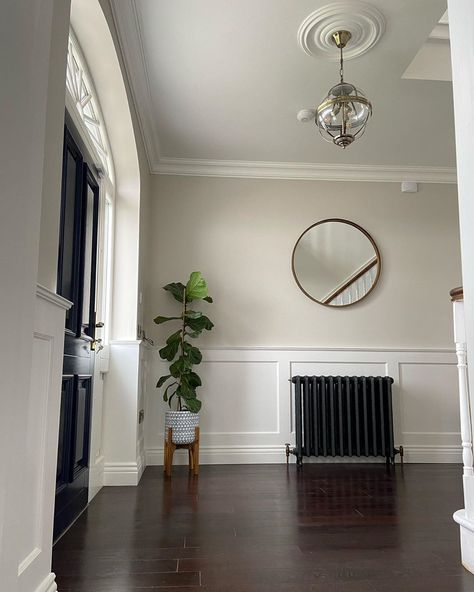 Walls Dash of Nutmeg Crown Paints Two Tone Molding Wall, Half Molding Half Wallpaper, Crown Molding Middle Of Wall, Crown Organic Cloth Paint, Dash Of Nutmeg Paint Crown, Crown Antique Cream Paint, Crown Molding On Walls Living Room, Cream Painted Paneling, Two Tone Neutral Walls