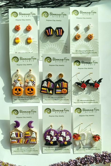 Fallo-ween Collection 2024 made special  for you! Handmade by me from scratch using high quality Polymer Clay.  Perfect for upcoming Fall/ Halloween/Spooky season. Give as a gift  or treat yourself.  Fun and unique lightweight earrings. For exact measurements please contact me. Fall Leaves Polymer Clay Earrings, Polymer Halloween Ideas, Horror Movie Clay Crafts, Polymer Clay Halloween Earrings, Halloween Polymer Clay Earrings, Fall Polymer Clay Earrings, Halloween Earrings Polymer Clay, Ghost Clay, Polymer Clay Fall