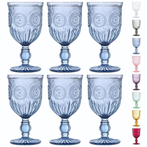 PRICES MAY VARY. DISHWASHER FRIENDLY: These stemmed wine glasses are not only stylish but also practical, being dishwasher friendly for easy cleanup. Perfect for hassle-free maintenance without the risk of colors chipping, peeling, or fading. Blue glasses drinking made easy ! COLORS RUN DEEP: Crafted with care, our blue wine goblets hold 10 ounces and are solid blue construction, meaning they are made from blue glass not painted or sprayed. The embossed pattern not only looks good but ensures th Pink Drinking Glasses, Purple Wine Glasses, Amber Wine Glasses, Blue Goblets, Blue Drinking Glasses, Green Wine Glasses, Pink Wine Glasses, Colored Wine Glasses, Blue Wine Glasses