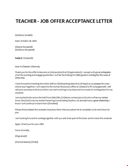 Acceptance letter for a teaching job Mit Acceptance Letter, Job Acceptance Letter, Simple Job Application Letter For Student, Offer Letter Acceptance Email, Job Acceptance, Example Of Application Letter For Job, Human Resources Office, Job Letter, Acceptance Letter