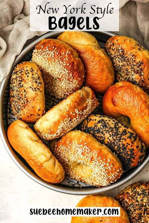 Homemade New York Style Bagels are large and chewy, achieved through a brief boiling process. These bagels are made with simple ingredients including yeast, sugar, water, bread flour, and salt, and are often topped with sesame seeds or everything bagel seasoning! Salt Bagel Recipe, Garlic Sourdough Bread, Garlic Sourdough, New York Style Bagels, Water Bread, Sesame Bagel, Bagel Bread, New York Bagel, Everything Bagel Seasoning