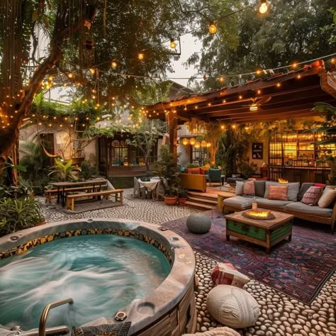 Caribbean Patio Ideas, Dreamy Outdoor Spaces, Hot Tub Garden Ideas, Hot Tub Ideas Backyard, Witchy Backyard, Backyard Deck Ideas, Game Room Ideas, Backyard Hangout, Creative Backyard