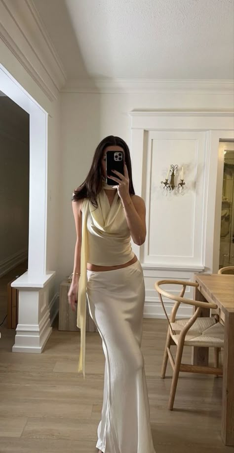 White Outfit Graduation, Soft White Outfit Aesthetic, Ivory Satin Skirt Outfit, All White Club Outfit, Formal Skirt Outfit Classy, Satin Skirt Top, Satin Top Outfit Classy, Classy Women Outfits, Champagne Outfit