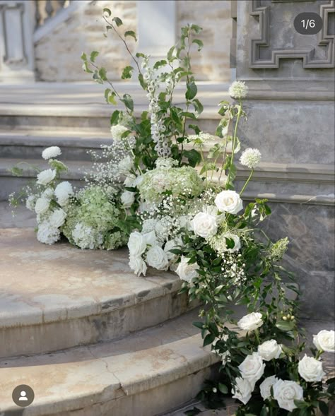 Green Hydrangea Wedding, Wedding Stairs, Wedding Staircase, Courtyard Wedding, Aisle Flowers, Dream Wedding Decorations, Wedding Painting, Sage Green Wedding, Spring Wedding Flowers