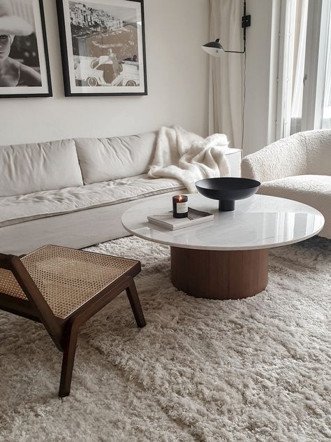 Modern Chic Coffee Table, Marble Circular Coffee Table, Marble Wood Living Room, Round Marble Wood Coffee Table, Round Coffee Marble Table, Coffee Table Esthetics, Coffee Table Round Marble, Coffee Table White Marble, Round Wood Coffee Tables