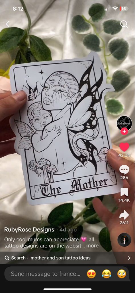 Mother Fairy Tattoo, Mama Son Tattoo, The Mother Tattoo, Mother And Daughter Fairy Tattoos, The Mother Tarot Card, Fairy Mom Tattoo, Gothic Mom Tattoo, Twin Mother Tattoo, Spooky Mom Tattoo