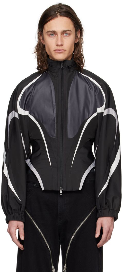 Recycled polyester taffeta jacket. Reflective panels throughout. · Paneled construction · Stowaway hood at mock neck · Two-way zip closure · Darts at waist · Corset-style hem · Raglan sleeves · Elasticized cuffs · Zip pocket at interior · Mesh lining Supplier color: Black/Black Mugler Black, Athleisure Jacket, Taffeta Jacket, Corset Looks, Athleisure Men, Waist Corset, Mens Black Jacket, Concept Clothing, Black Denim Jacket