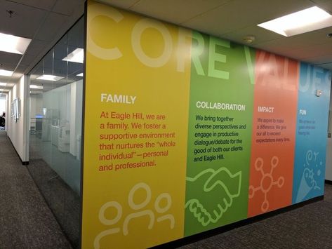 Sticker Designs Ideas, Mission Statement Design, School Reception, Office Wall Graphics, Company Core Values, Corporate Values, Office Wall Design, Office Signage, Industrial Office Design