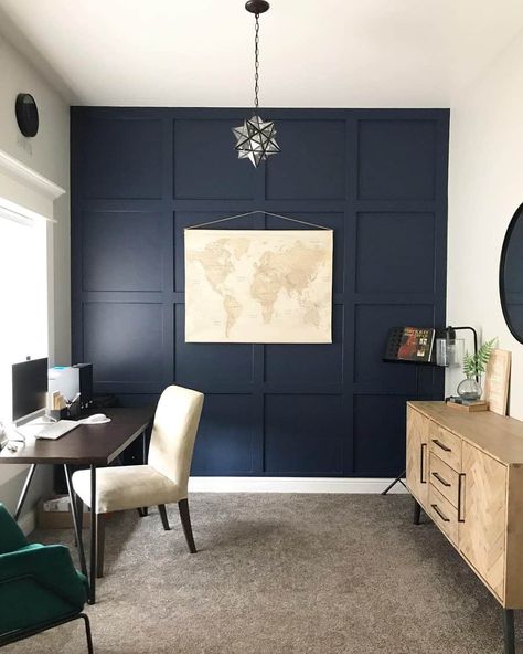 Masculine Wallpaper Home Office, Navy And White Office Ideas, Blue Wall Office Ideas, Small Office Accent Wall, Dark Blue Accent Wall Office, Paint Ideas For Office Walls, Accent Wall Office Small Spaces, Home Office Colors For Men, Dark Blue Office Ideas