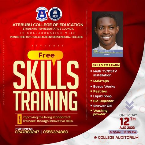 Free skills training in ATECOE,flyer designed by oppomence graphics in Ghana (0247369275) Training Flyer Design, Tailoring Logo Design Ideas, Colors Code, Tailoring Training, Facebook Family, Graphics Design Inspiration, Design Flyers, Media Advertising Design, Unique Graphic Design