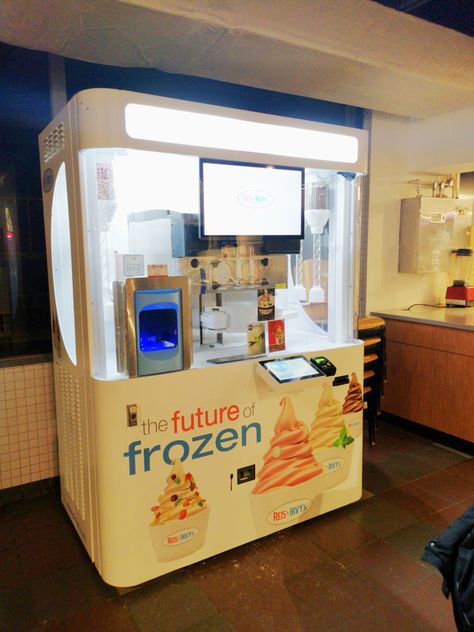 The machine’s indicated operating hours are 4:00 a.m. to 12:00 a.m. daily. Frozen yogurt (robot) machine installed on second floor of student center at MIT, January 2020 Frozen Yogurt Pops, Frozen Yogurt Machine, Food Vending Machines, Robot Machine, Snow Cone Machine, Yogurt Pops, Frozen Yogurt Shop, Ice Cream Design, Student Center