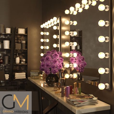 Grand Mirrors Hollywood Lighted Mirror for makeup, vanity and salons. Makeup Studio Mirror Ideas, Long Makeup Vanity, Hollywood Mirror Bathroom, Salon Mirror With Lights, Studio Mirror With Lights, Hollywood Mirror Dressing Table, Makeup Salon Interior, Makeup Studio Lighting, Makeup Studio Interior Design