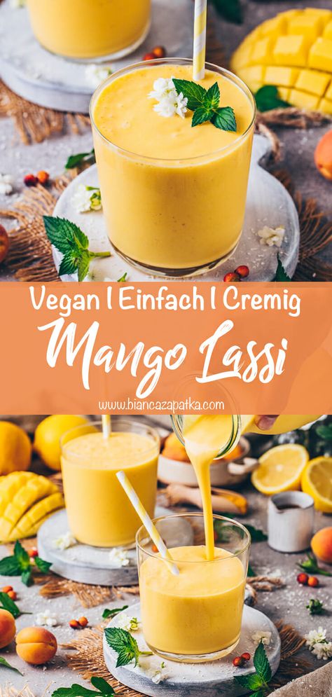 Mango Lassi (Indischer Smoothie) | Vegan Vegan Mango Lassi, Vegan Lassi, Mango Protein Smoothie, Smoothie Mango, Mango Lassi Recipes, Mango Drink, Mango Shake, Mango Banana Smoothie, Refreshing Breakfast