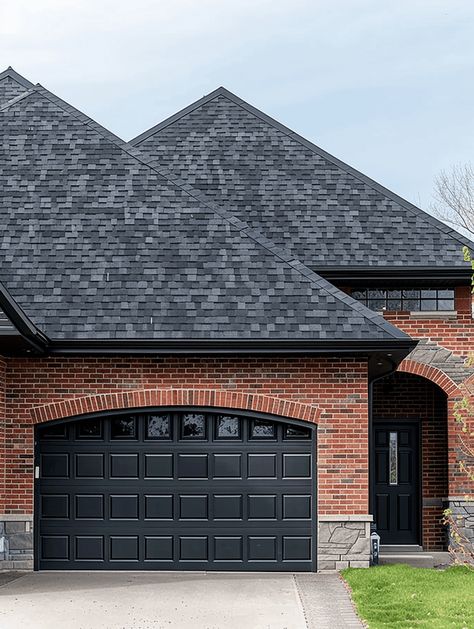 What Color Garage Door With Red Brick House? Brick Red House Exterior Colors, Brick House Black Garage Door, Red Brick House Black Trim, Brick House With Black Accents, Red Brick Black Siding, Red Brick House With Black Trim, Red Brick Black Trim, Exterior House Colors With Red Brick, Red House Exterior