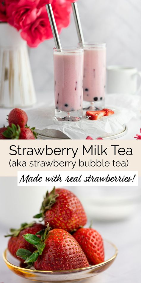 Homemade Strawberry Milk, Strawberry Bubble Tea, Strawberry Milk Tea, Boba Tea Recipe, Boba Recipe, Bubble Tea Flavors, Crumb Recipe, Bubble Tea Recipe, Milk Tea Recipes