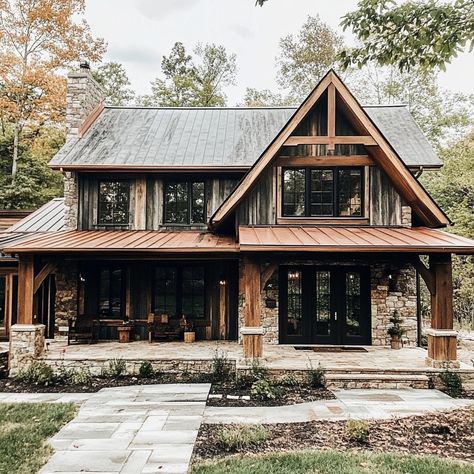 Cabin goals! This stunning stone and timber home is the perfect blend of rustic charm and modern elegance. 🌲✨ #dreamhome #cabinlife #architecture #interiordesign #stonehouse #timberhome #luxuryliving #homegoals Stone Addition To Log Home, Modern Rustic Cabin Exterior, Small Lodge Style Homes, Cabin Like Homes, Rustic House Exterior Farmhouse, Wood And Stone House Exterior, House In The Woods Exterior, Modern Rustic House Plans, Stone Farmhouse Exterior