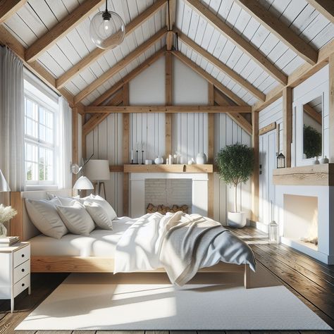 The room should contain characteristic features of a cottage style such as a sizeable wooden bed with crisp white linens, exposed wooden beams on the ceiling, whitewashed walls, and a cosy fireplace. Also include modern elements like sleek side tables and classy pendant lights. There should also be a large window through which natural light seeps into the room. This image should serve as an inspiration for a room remodel. Cozy Cabin Bedroom, White Linens, Cabin Bedroom, Bedroom Oasis, Cabin Style, Wooden Beams, Cozy Cabin, White Linen, Rustic Charm