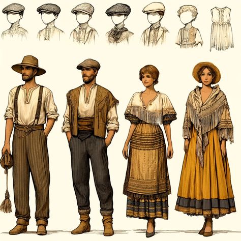 Traveler Character Design Male, Dnd Male Outfit, Solarpunk Clothing, Peasant Character Design, 1600s Aesthetic, Medieval Farmer, 18th Century Peasant, Village Clothing, Medieval Clothing Men