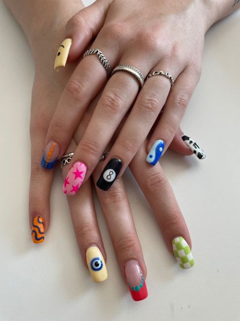 Different Nail Ideas Fun, Simple But Funky Nails, Crazy Cool Nail Designs, Crazy Nail Inspiration, Super Cool Nails, Cool Unique Nails, Nail Art Designs Funky, Funky Design Nails, Colorful Nail Inspiration