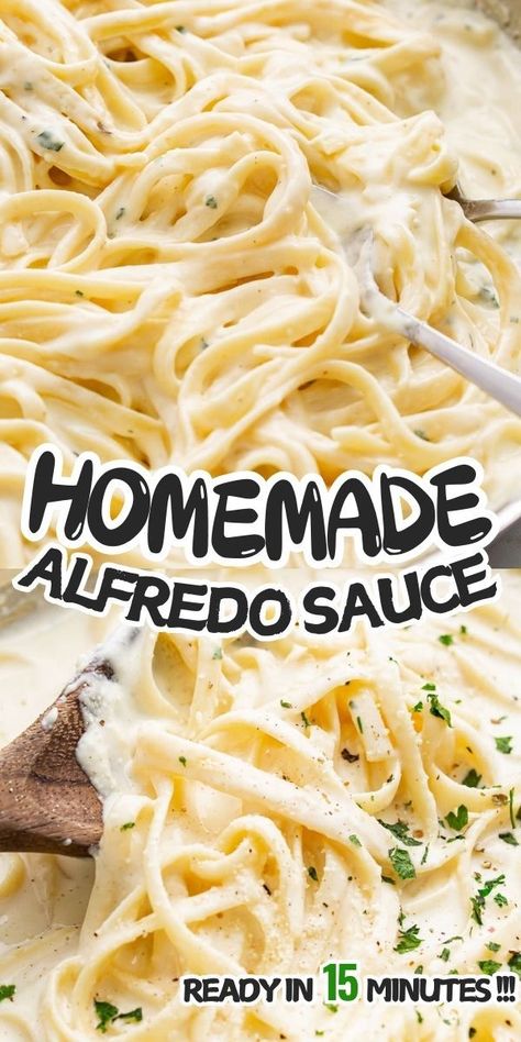 This easy 15-minute recipe makes the best, rich and creamy homemade Alfredo sauce loaded with delicious garlic and Parmesan flavors. Pair it with fettuccine and chicken for a classic Alfredo pasta dish or mix and match with your favorite pasta and protein combinations. Chicken Alfredo Sauce Recipe, Fettuccine Alfredo Sauce Recipe, Easy Chicken Fettuccine Alfredo, Homemade Alfredo Sauce Recipe, Fettuccine Alfredo Sauce, Easy Pasta Recipes Quick, Chicken Alfredo Sauce, Alfredo Sauce Easy, Homemade Chicken Alfredo