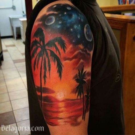 Amazing Tattoo Ideas, Beach Inspired Tattoos, Beach Tattoo Ideas, Sky Tattoos, Mother Nature Tattoos, Sunset Tattoos, Tattoo Nature, Palm Tattoos, Nature Tattoo