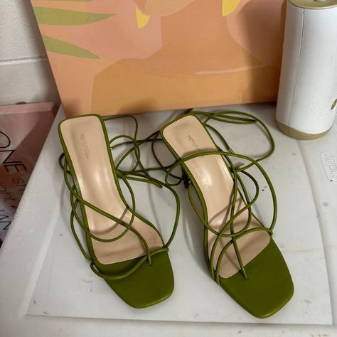 New Olive Green Lace Up Heels, Worn Once. Brand: Pretty Little Thing Green Lace Heels, Green Lace Up Heels, Olive Green Heels, Strap Up Heels, Olive Heels, Reference Clothes, Green Heels, Lace Heels, Pretty Little Thing