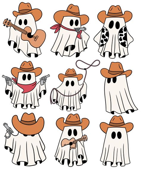 Halloween Ready To Transfer DTF Designs, Cowboy Ghosts, No Minimums. Custom DTF designs, easy to apply. Create your custom T-shirt in seconds. Cowboy Ghost Drawing, Cowboy Ghost Tattoo, Ghost With Cowboy Hat, Cowgirl Pumpkin, Pumkin Designs, Ghost Cowboy, Cowboy Draw, Drawing Night, Cowboy Halloween