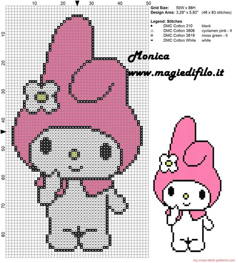 My Melody cross stitch pattern Stitch Cartoon, Pola Kristik, Disney Cross Stitch, Beaded Cross Stitch, Pixel Pattern, Cute Cross Stitch, Pixel Art Pattern, Simple Cross Stitch, Perler Bead Art