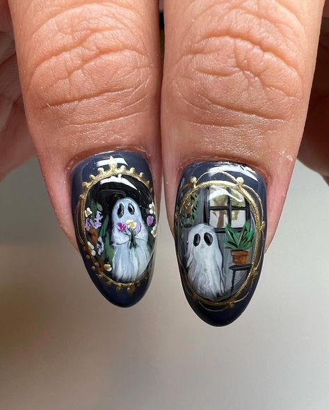 Personalized Nail Art • Est. 2 0 1 0 | 👻ghosty portraits on my fave🖼️ ••• Inspo from @that.nailplace ••• ✨Self Scheduling Button / Policies in my bio • Scheduling thru NOVEMBER… | Instagram Ghost Portrait Nails, Button Nail Art, Nail Art For November, Gremlin Nails, Haunted House Nails, Bride Of Frankenstein Nails, Nail Portrait, Portrait Nail Art, Frankenstein Nail Art