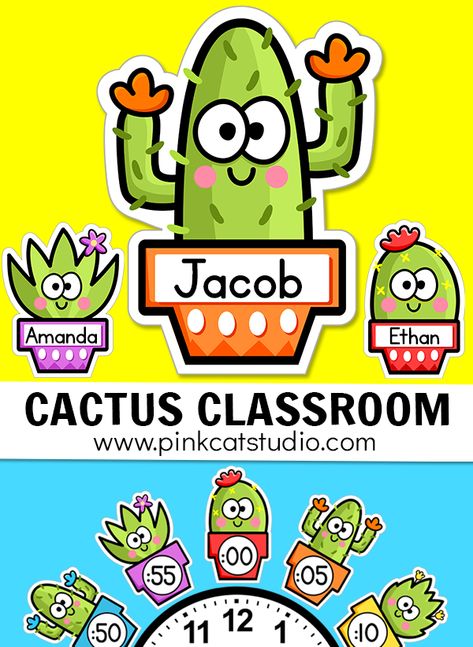 Create a fun cactus classroom with Pink Cat Studio's cactus theme decor and teacher tools! Adorable name tags and clock labels as well as tools for attendance, making groups, centers rotations, score keeping and more! Perfect for kindergarden and first grade classrooms with a succulent theme. #cactusclassroom #succulenttheme #kindergarten #1stGrade Classroom Cactus Decor, Preschool Cactus Theme, Classroom Cactus Theme, Cactus Themed Classroom, Cactus Name Tags, Llama Classroom Theme, Cactus Classroom Theme, Cute Name Tags, Succulent Classroom