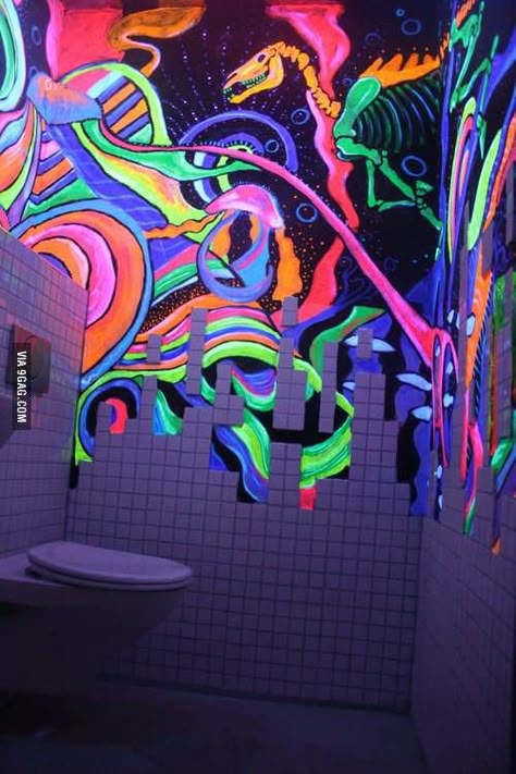 Blacklight Bathroom Blacklight Bathroom, Black Light Bathroom, Trippy Bathroom, Black Light Room, Trip Room, Trippy Room, Hippy Room, Chill Room, Neon Room