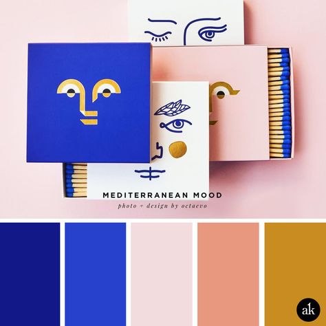 a Mediterranean-matchbox-inspired color palette // Mediterranean blue, blush / pink, salmon, gold // photo and design by octaevo Visuell Identitet, Modern Brands, Graphisches Design, Blue Palette, Brand Color Palette, Palette Design, Blue Colour Palette, Color Palette Design, Color Psychology