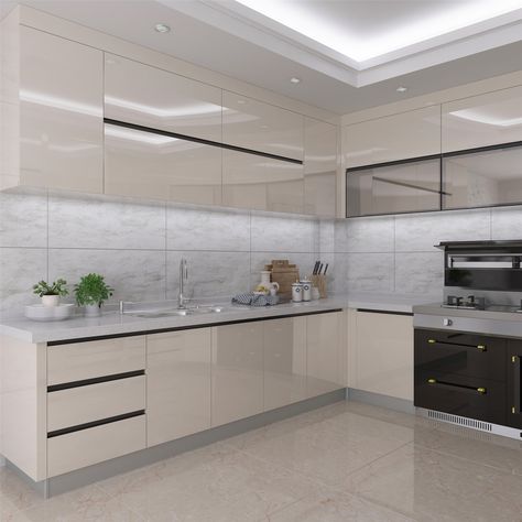 Kitchen White Gloss Cabinets, Glossy Kitchen Cabinets Modern Acrylic, Full White Kitchen Modern, White Shiny Kitchen Cabinets, White Kitchen Combinations, Modular Cabinets Kitchen, White Laquer Cabinets Kitchen, Kitchen Glossy Cabinets, Acrylic Cabinets Kitchen