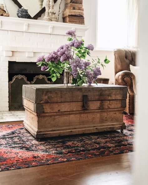 We have decided after months of deliberating to part with our awesome antique trunk coffee table & Persian rug. Of course this decision was… Antique Chest Coffee Table, Chest Coffee Table Trunk, Antique Trunk Coffee Table, Wisteria Cottage, Chest Decor, Maine Style, House Diys, Antique Coffee Table, Trunk Coffee Table